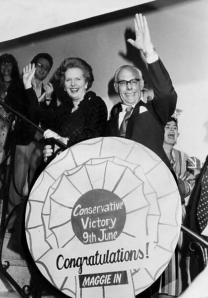 Margaret Thatcher and Denis Thatcher celebrate election victory at Tory party