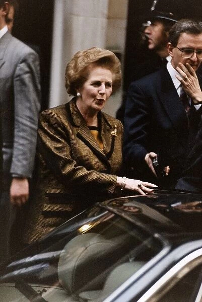 Margaret Thatcher leaving No. 10 Downing Street clinging to power prior to the second
