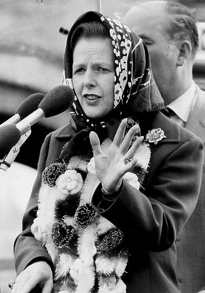 Margaret Thatcher wearing garland and headscarf - June 1983