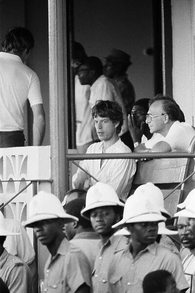 Mick Jagger, watching cricket match from the Pavilion, Kensington Oval, Bridgetown