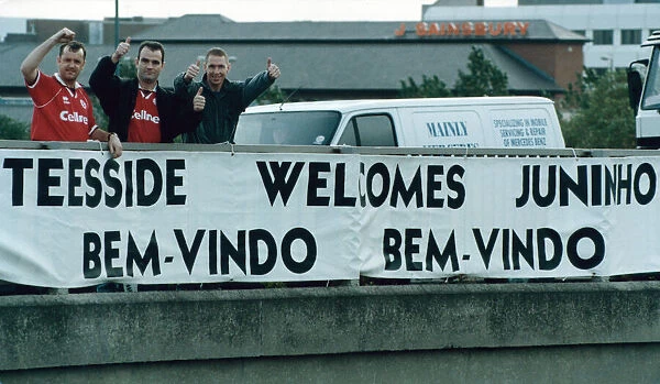 Middlesbrough fans Jinsky, Owen McCabe and Steve Palmer welcome Juninho to Teesside with