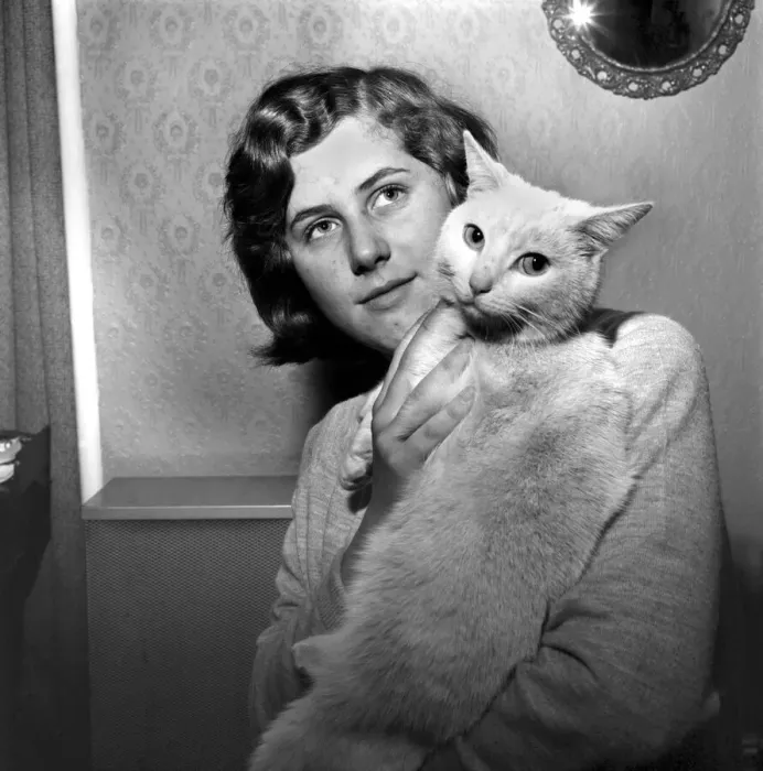 Framed Print : People with Animals Print: Woman Holding Cat, November 1969 Framed Print : People with Animals Print: Woman Holding Cat, November 1969
