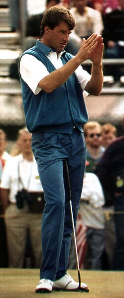 Nick Faldo golf player for England looking as though he is calling for help as he starts