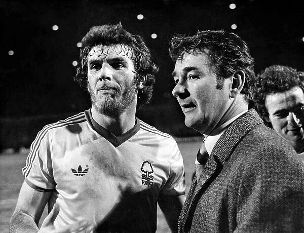 Nottingham Forest manager Brian Clough with his triker Peter Withe after game