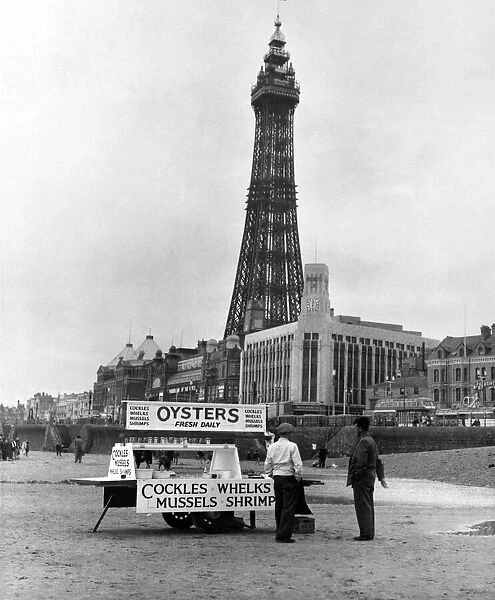 An Oyster stall selling shell fish on the beach in front of the iconic Blackpool Tower