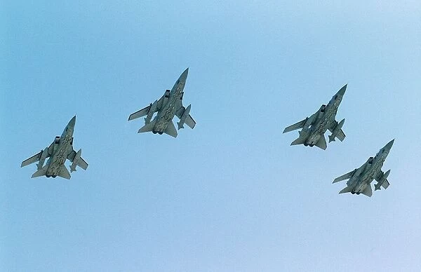 Panavia Tornado F3 planes of RAF 5 Squadron fly over their air base in formation in