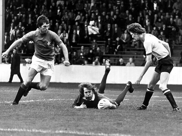 Partick Thistle goalkeeper Alan Rough who defies the Ibrox men this time with a daring