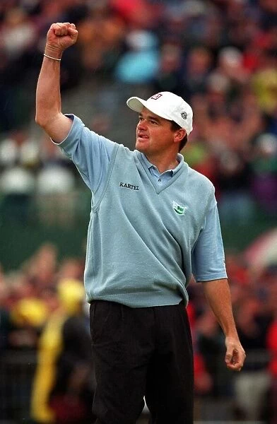Paul Lawrie celebrates on the 18th Green July 1999 at the British Open Golf