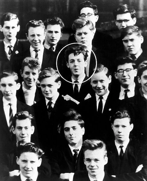 Paul McCartney of the Beatles circled in a school photograph 1950s