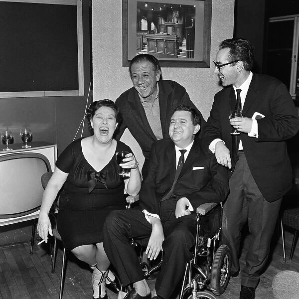 Peggy Mount and Sid James with the scriptwriter of the new TV series '