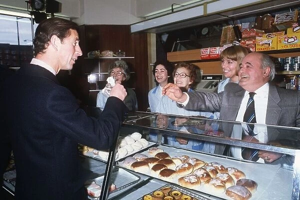 Prince Charles in a bakery during visit to Govanhill Glasgow Scotland November 1985