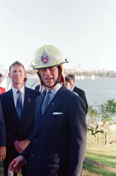 Prince Charles in Sydney, pictured wearing a fire fighters helmet. Sydney, Australia