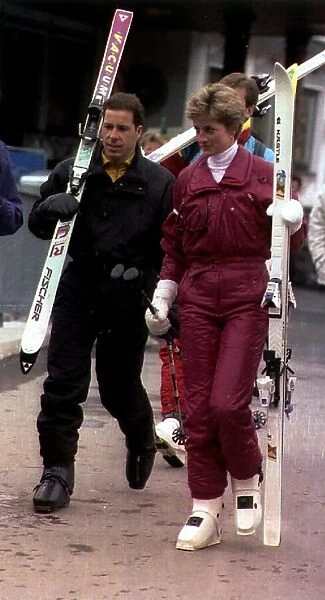 Princess Diana and Lord Linley holding their skis on a skiing holiday in Lech, Austria