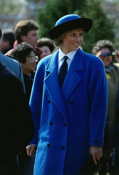 Princess Diana, Princess of Wales, wearing a blue coat at Scotland Glasgow Garden