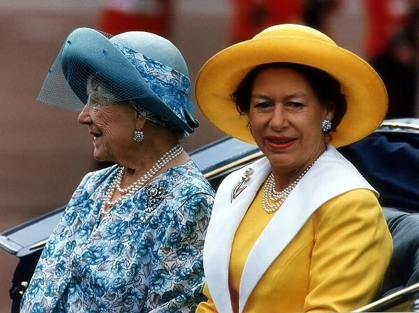 Princess Margaret and the Queen Mother June 1993 ride in an open carriage during