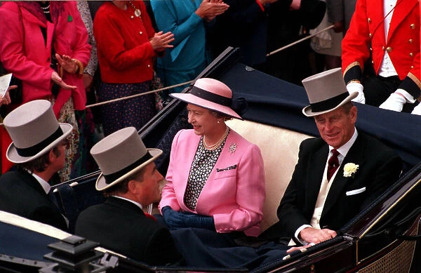Queen Elizabeth II and Prince Philip riding in a Landau carriage at Royal Ascot