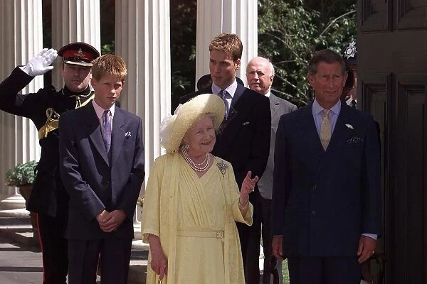 The Queen Mother flanked by Prince Charles (right) and Prince Harry (left