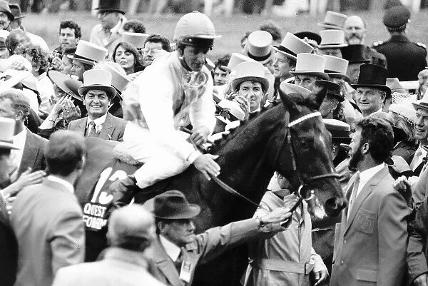 Quest For Fame Racehorse pictured with trainer Roger Charlton jockey Pat Eddery