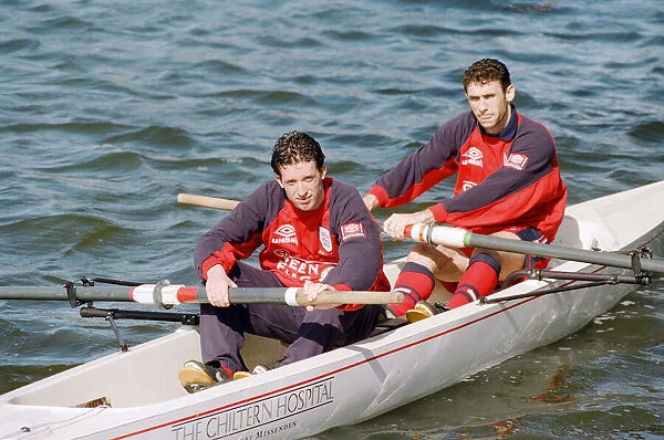 Robbie Fowler with Martin keown in a canoe on International duty with England