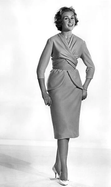 Rosemary Hewart modelling wrap over dress. November 1959 P006979