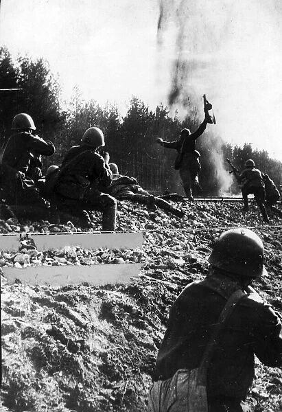 Russian army soldiers in action fighting against the German army on the Eastern front