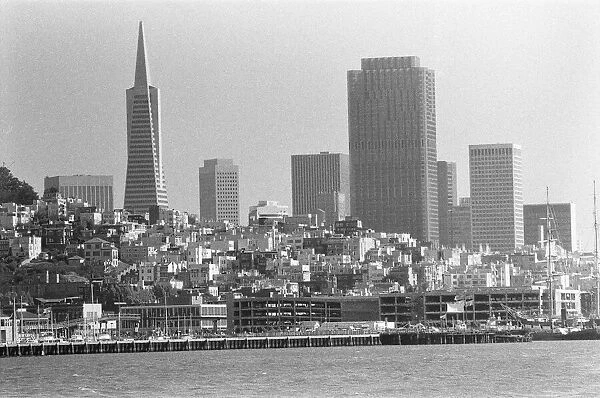 San Francisco skyline as seen from Alcatraz prison. The Transamerica Pyramid (left