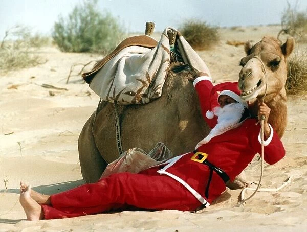 Santa Claus cools off by sitting in the shade of a camel in the desert on his way to