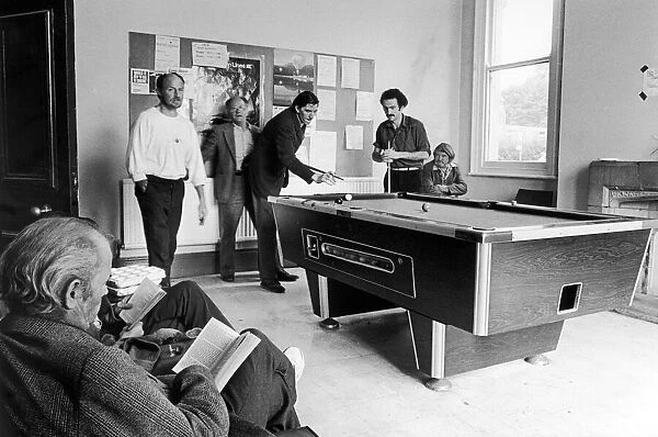 Scenes inside Norton house showing people playing pool in the games room