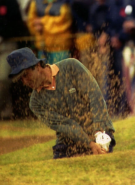 Seve Ballesteros golf player playing shot out of sand trap during the British Open at