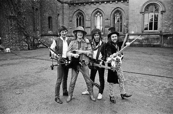 Slade (Don Powell, Noddy Holder, Jim Lea and Dave Hill) filming a new video at Eastnor