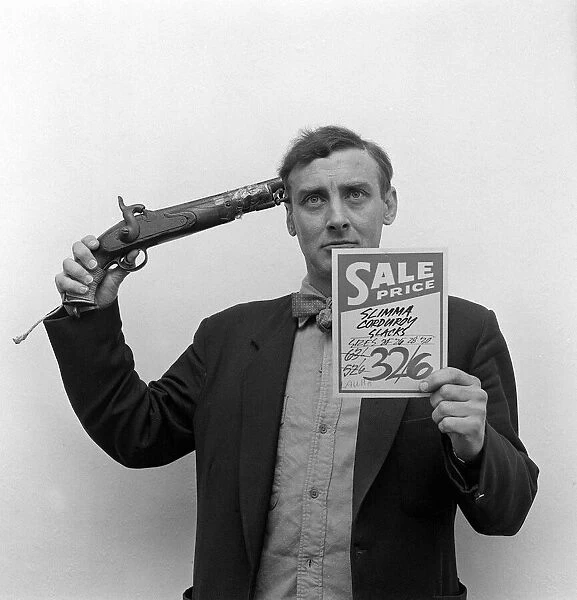 Spike Milligan poses for a set of pictures that represent famous film titles April