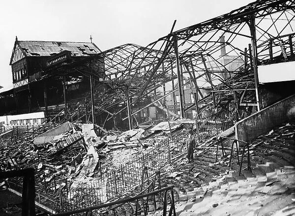 Sports ground in Sheffield after German bombing raid. WW2 13 February 1940