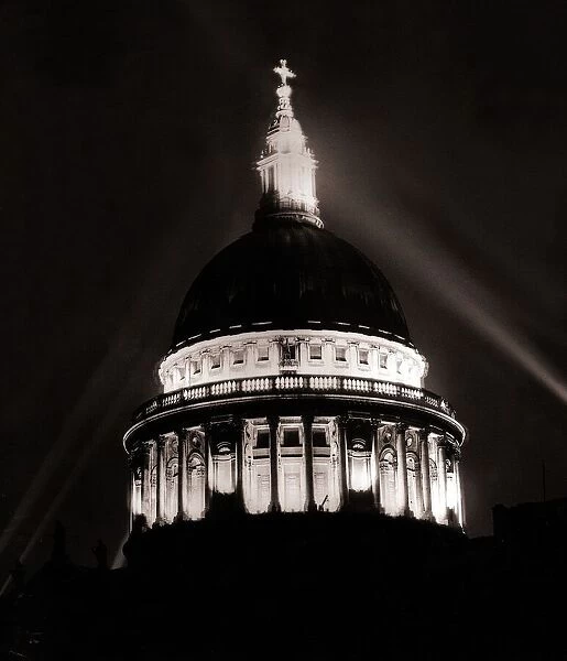 St Pauls Cathedral in London - June 1946 lit up at night for Victory Day