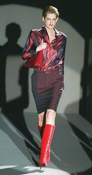 Stella Tennant wearing one of Gucci latest fashion two tone skirt and top in Milan