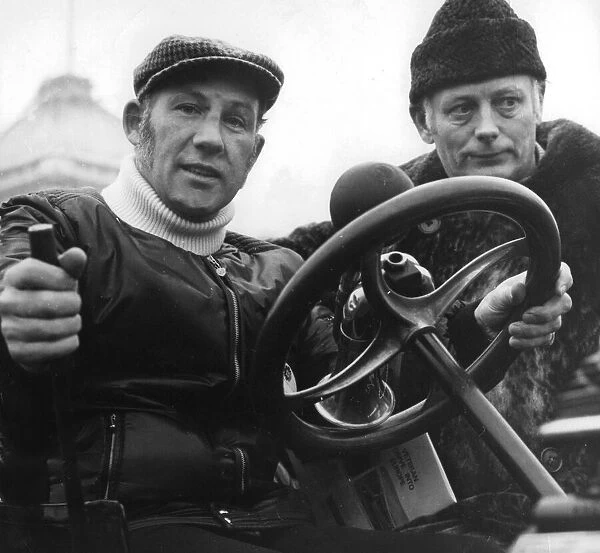 Stirling Moss and Lord Montagu driving 1899 Daimler vintage car - January 1973