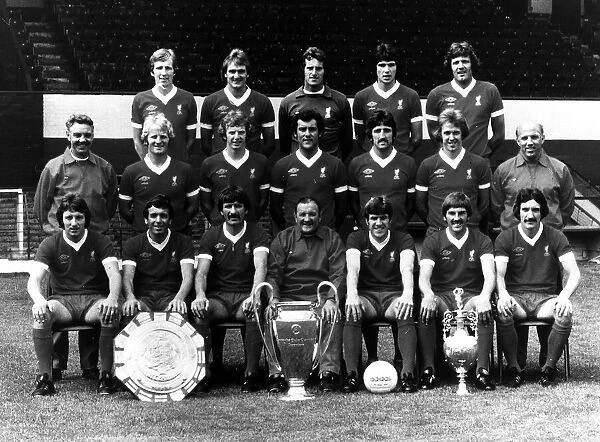 The successfull Liverpool football team of 1977 pose for a group photograph with manager