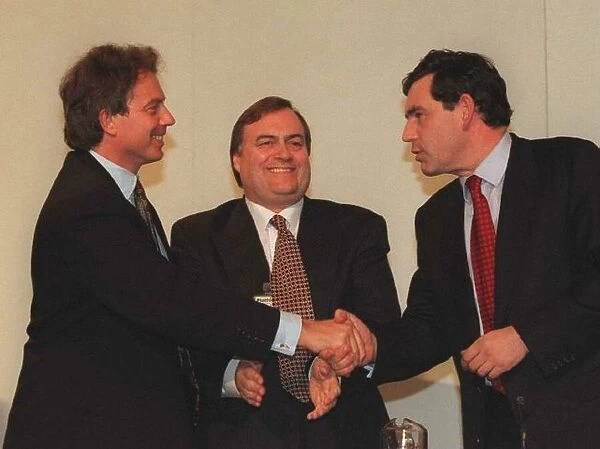 Tony Blair Labour Party Leader John Prescott MP and Gordon Brown MP on the platform at
