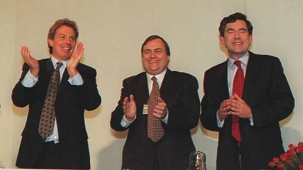 TONY BLAIR MP LABOUR LEADER WITH GORDON BROWN MP AND JOHN PRESCOTT MP AFTER SPEECH AT