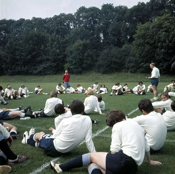 Tottenham Hotspur manager Bill Nicholson talks to the Spurs squad during a training