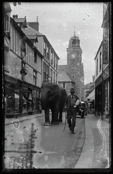 Fore St, East Looe, with circus elephant