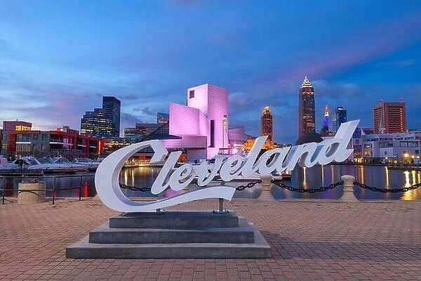 AUGUST 10, 2019 - CLEVELAND, OHIO: The landmark skyline of downtown Cleveland from Voinovich Bicentennial Park in the early morning
