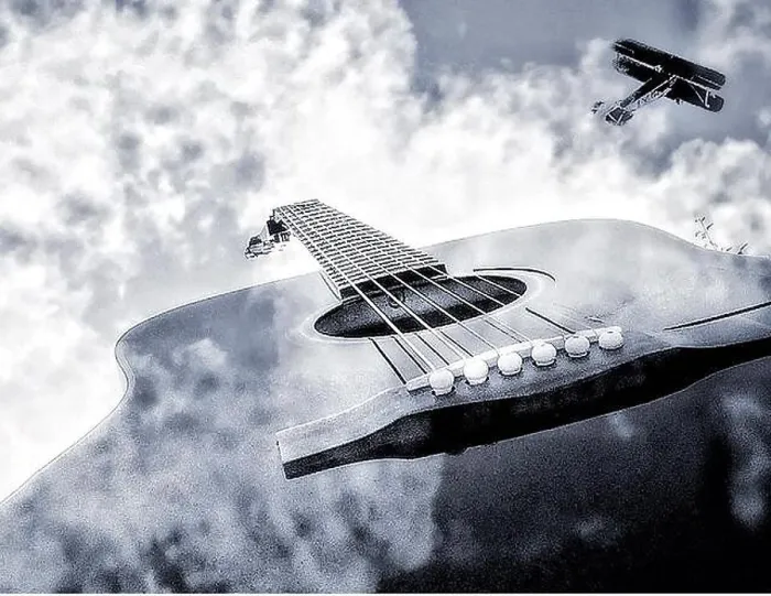 Framed Print : Guitar Clouds and Plane Print Framed Print : Guitar Clouds and Plane Print