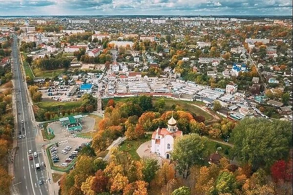 Mahiliou, Belarus. Mogilev Cityscape With Temple of the Holy Royal Martyrs and New Martyrs and Confessors of the 20th Century. Aerial View Of Skyline
