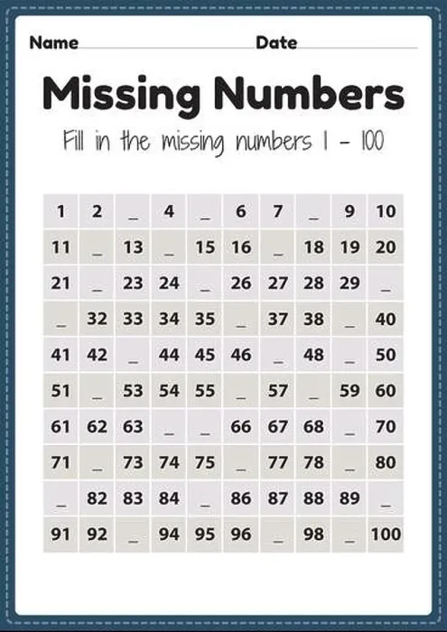 Framed Print : Printable Missing Numbers 1 to 100 Worksheet for Kids Framed Print : Printable Missing Numbers 1 to 100 Worksheet for Kids
