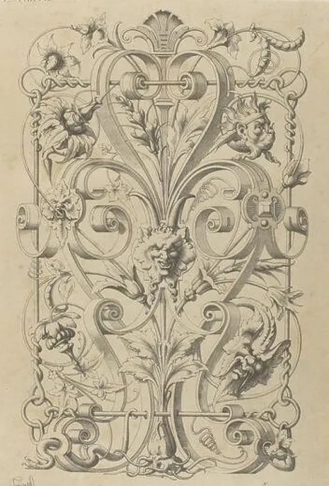 Framed Print : Satyr mask between leaf vines and scrollwork Print, 1866
