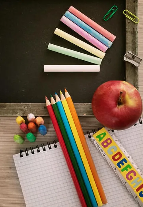 Framed Print : School objects Print featuring a Chalkboard, Pencils, Crayons and an Apple Framed Print : School objects Print featuring a Chalkboard, Pencils, Crayons and an Apple