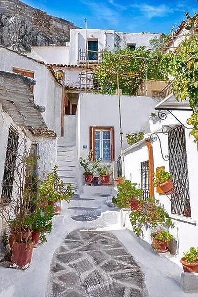 Traditional white houses in the Anafiotika quarter under the Acropolis, Athens, Greece