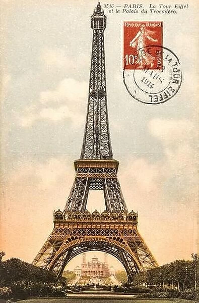 Vintage postcard with Eiffel Tower Paris, France, circa 1914