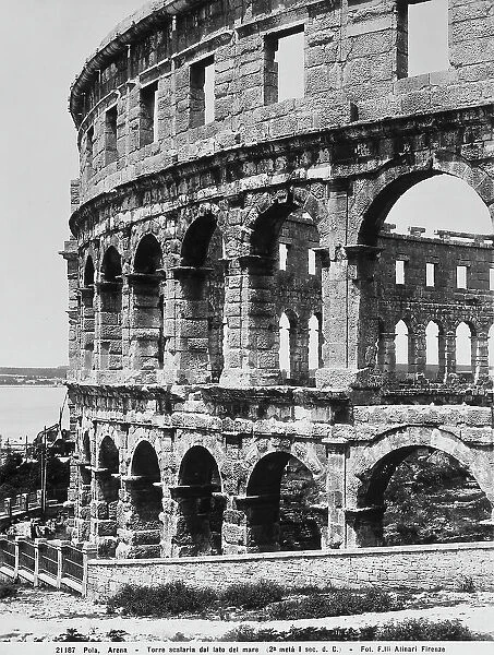 Detail of the Amphitheater in Pula, photographed during the period of Italy's reign in Istria