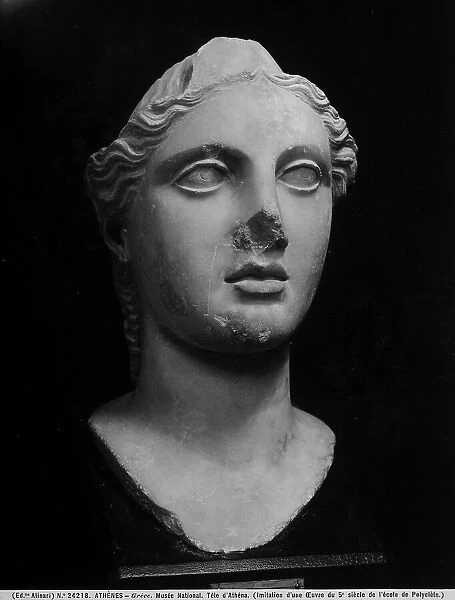 Athena; a head attributed to the School of Polykleitos, in the National Archaeological Museum of Athens, Greece
